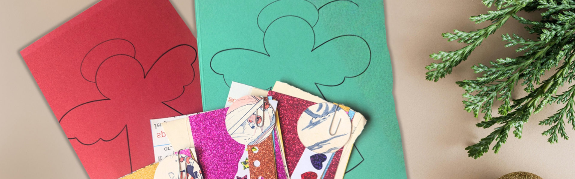 Main image: the materials needed to make a DIY paper angel Christmas tree decoration, with paper templates, and a mix of glittery and recycled paper to use.