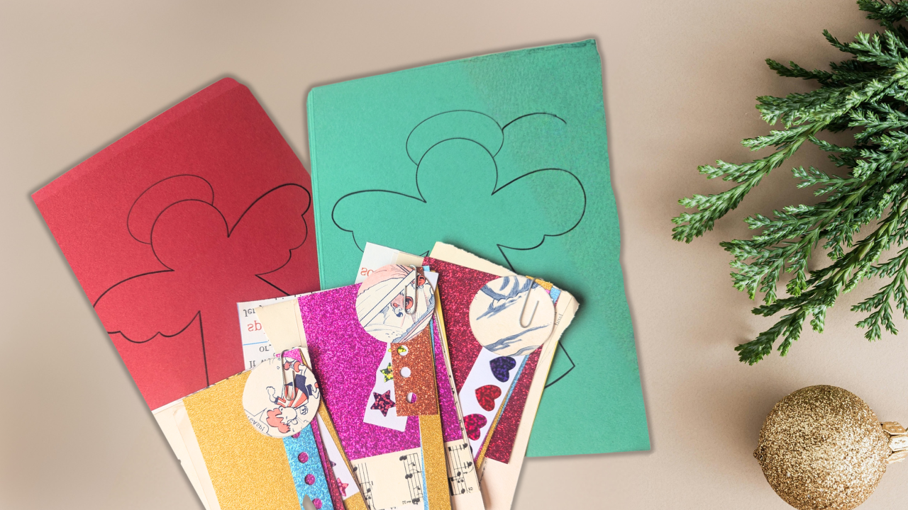 Main image: the materials needed to make a DIY paper angel Christmas tree decoration, with paper templates, and a mix of glittery and recycled paper to use.