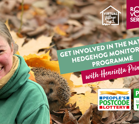 Text reads, "Get involved in the National hedgehog Monitoring Programme with Henrietta Pringle". Over a background image of Henrietta smiling with a hedgehog in leaves behind her.
