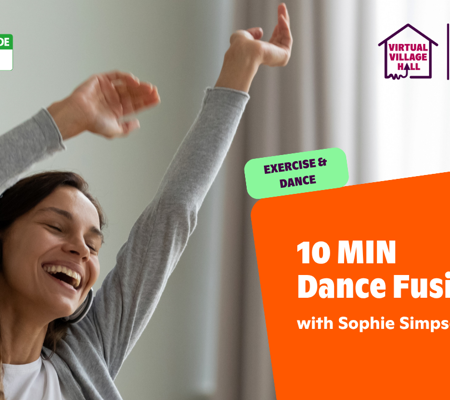 Text reads, "Mindspace Week - 10 MIN Dance Fusion with Sophie Simpson" over an image of a woman dancing wearing headphones.