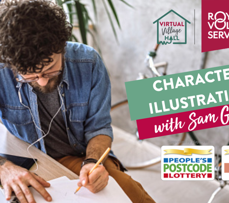 A man in a blue shirt sat at a desk drawing