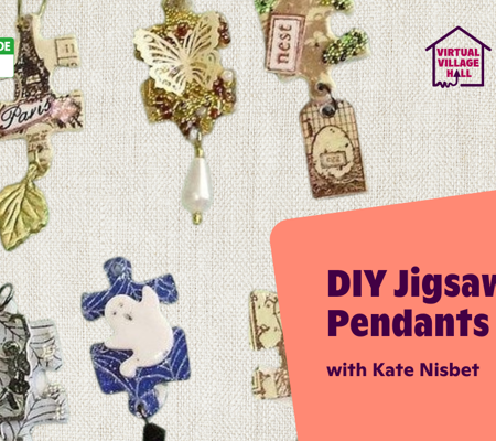 Text reads, "DIY Jigsaw Piece Pendants with Kate Nisbet" over the main image at the top of this page.