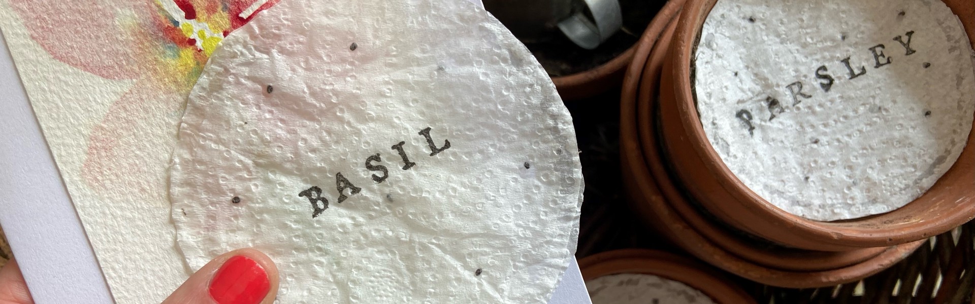 Hand made seed paper labelled Basil made by Rachel Moore