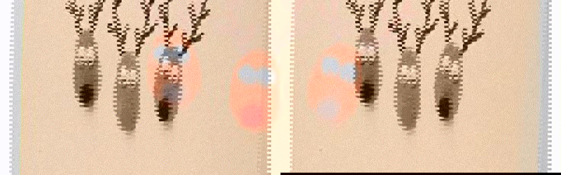 Main image: cute handmade Christmas card with three adorable reindeers faces on the front.