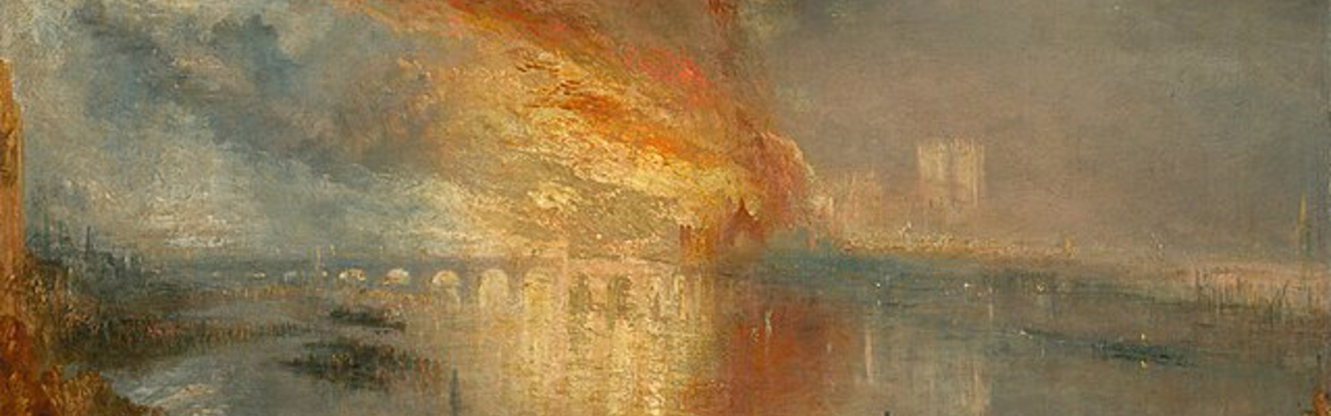 Main image: The Burning of the Houses of Lords and Commons, 16th October, 1834 by JMW Turner, a depiction of the fire see from afar, with blues and bright oranges for the flames.