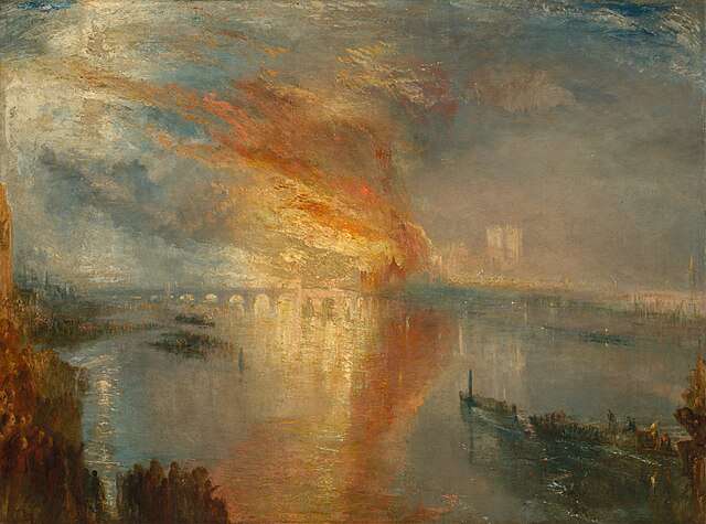 Main image: The Burning of the Houses of Lords and Commons, 16th October, 1834 by JMW Turner, a depiction of the fire see from afar, with blues and bright oranges for the flames.