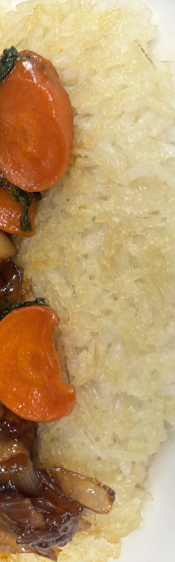 Main image: Sticky Marmalade Chicken on a bed of Crispy Fried Rice and slow cooked onions, with a bunch of parsley on the top.