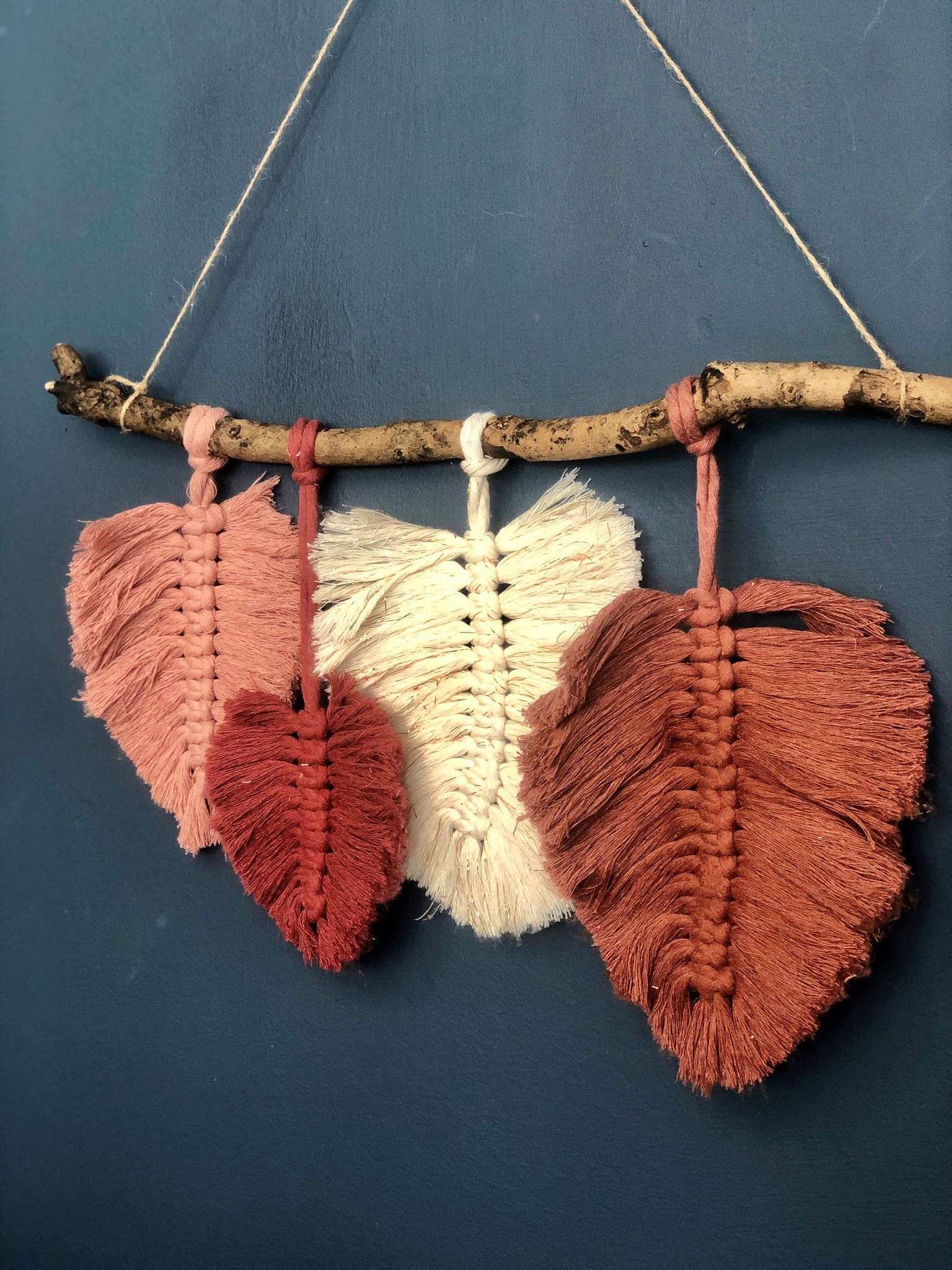 pink brown and cream macramé leaf wall hangings made by Gemma Forde