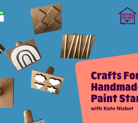 Text reads, "Crafts For Kids: Handmade Paint Stamps with Kate Nisbet" over the main image at the top of this page.
