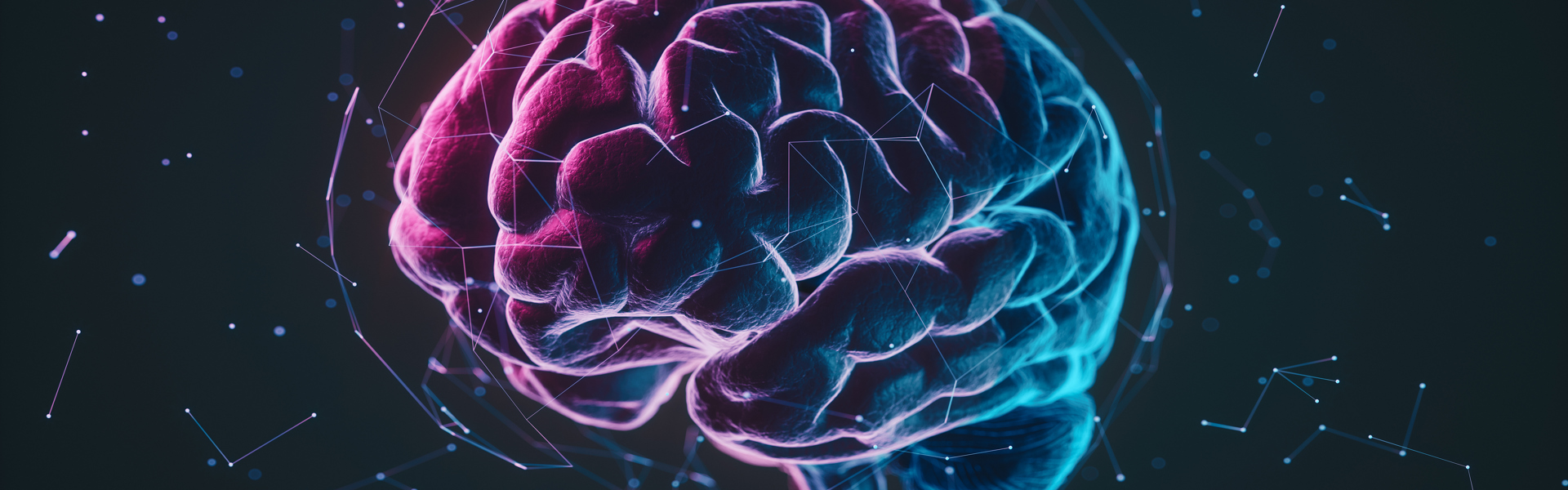 Main image: a digitally created image of a brain, in pink and blue over a black background.