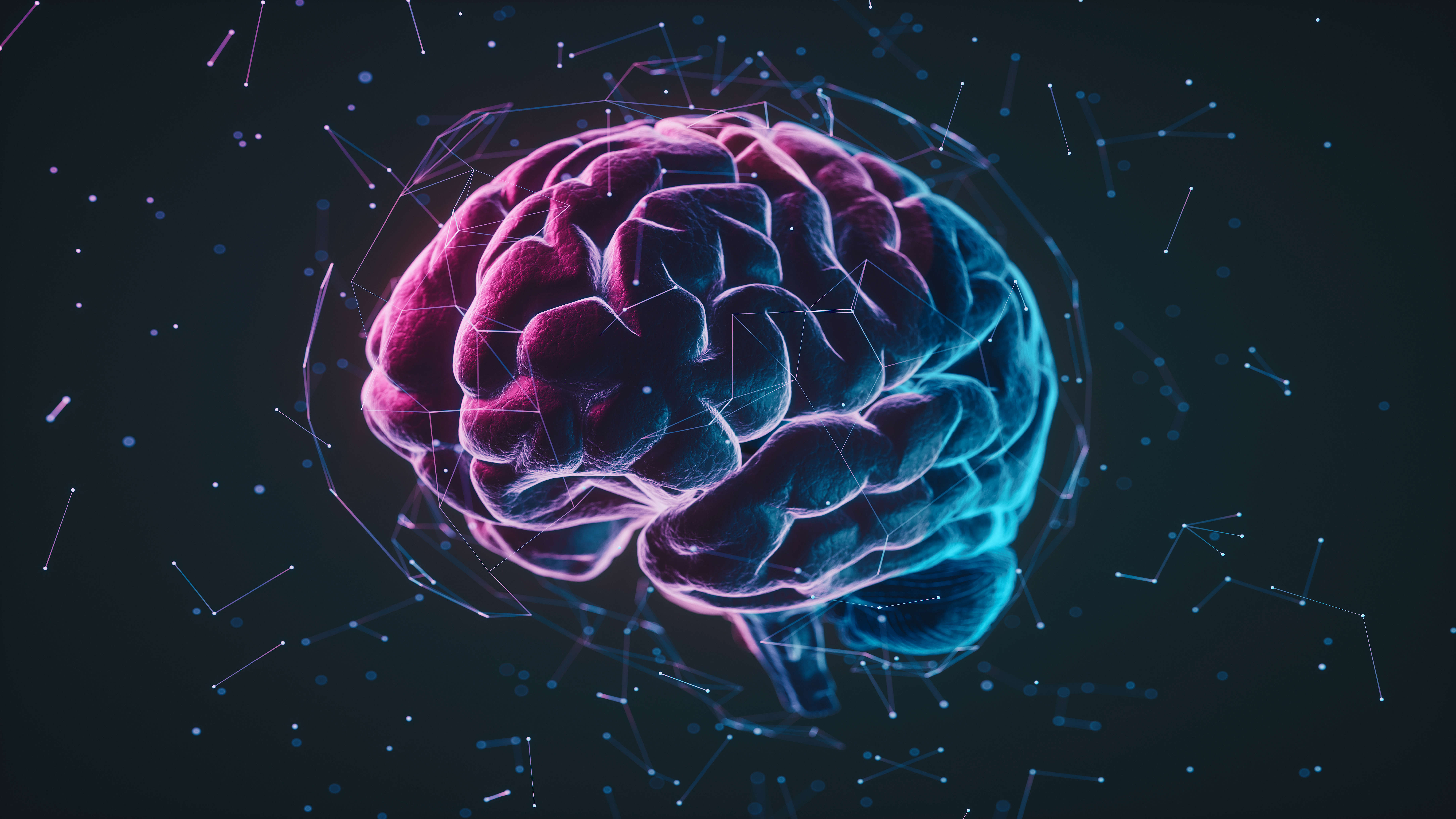 Main image: a digitally created image of a brain, in pink and blue over a black background.