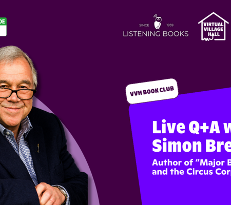 Text reads, "Live Q+A with Simon Brett author of "Major Bricket and the Circus Corpse" over the main image at the top of this page.