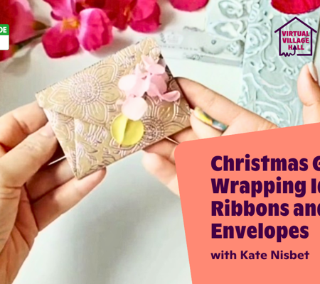 Text reads, "Christmas Gift Wrapping Ideas Ribbons And Gift Envelopes with Kate Nisbet" over the main image at the top of this page.