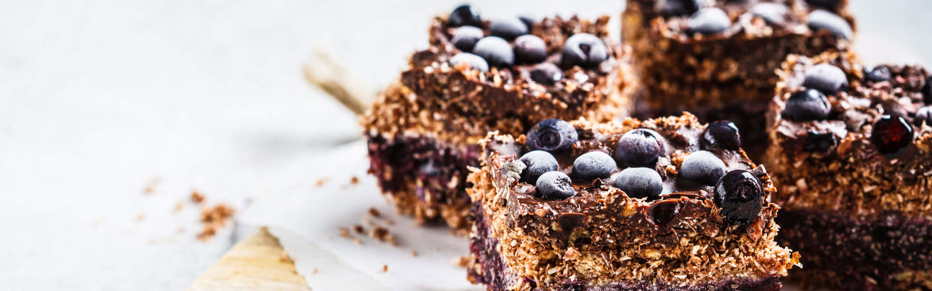 Vegan dessert squares on a white plate topped with blueberries