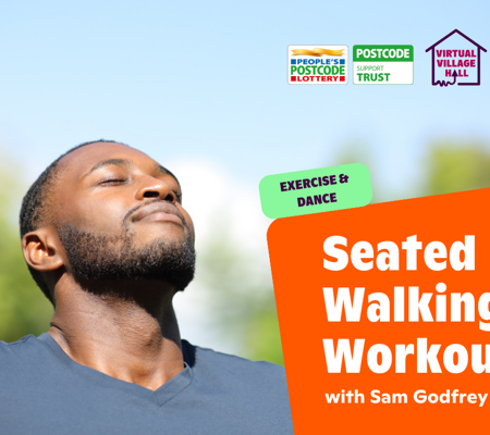 Text reads, "Dementia-friendly seated walking workout with Same Godfrey" over the main image at the top of this page.