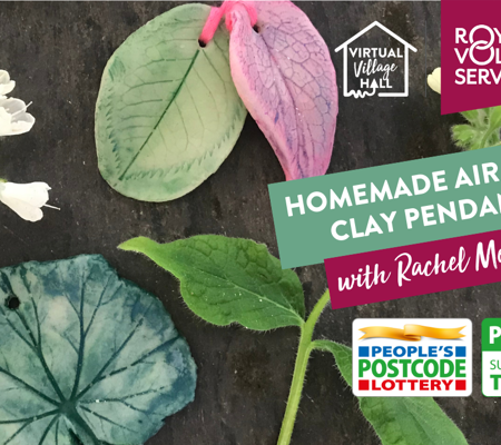 Text reads, "Homemade air dry clay pendant with Rachel Moore" on a background image of Homemade Air-Dry Clay Pendants and flowers on a black background