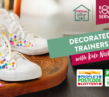 Text reads, "Decorated Trainers with Kate Nisbet" with a back ground image of A pair of white canvas shoes / trainers with a colourful fabric marker polka dot design, with a pink fabric POSCA marker next to them on a wooden chair