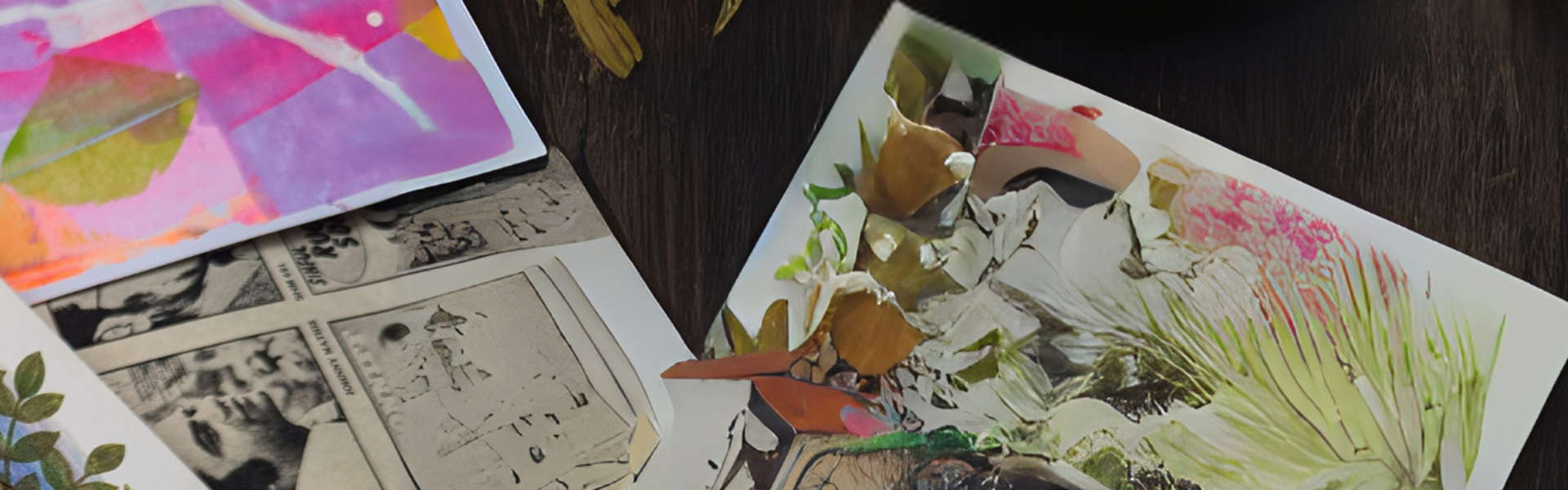Main Image: close up of a collage art journal made with colourful scrap paper, on a dark wooden table.
