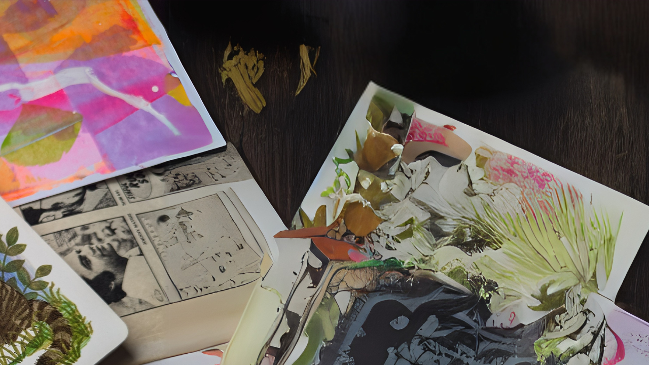 Main Image: close up of a collage art journal made with colourful scrap paper, on a dark wooden table.