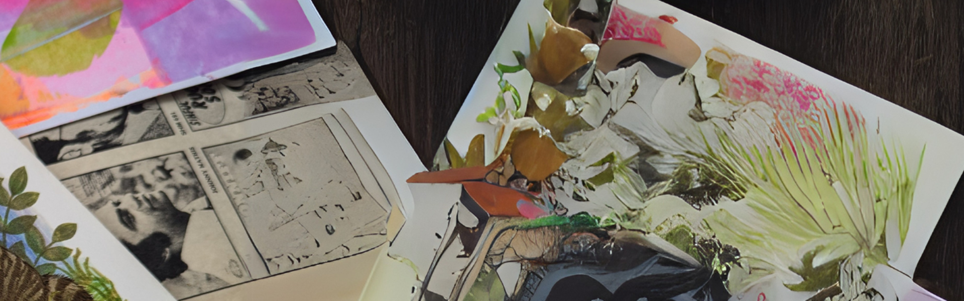 Main Image: close up of a collage art journal made with colourful scrap paper, on a dark wooden table.