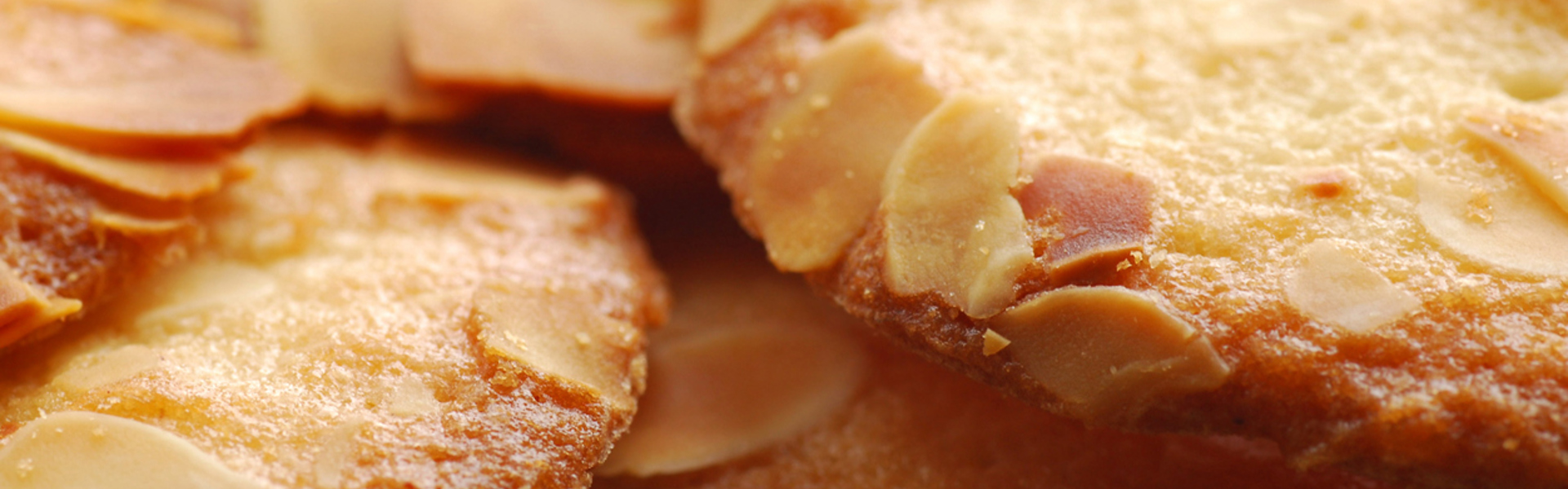 Close-up of several thin, crispy almond cookies, each topped with sliced almonds and a golden-brown surface.