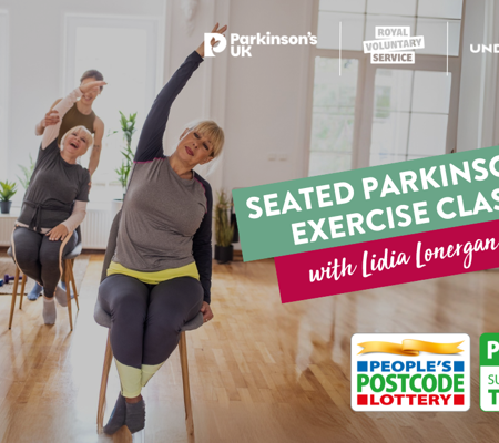 Text reads, "Seated Parkinson's Exercise Class with Lidia Lonergan" Over a back ground image of A group of older women in a seated exercise class, leaning to the left with their left arm raised and stretched over their heads. With the instructor of the class helping the woman at the back with the stretch while she laughs.