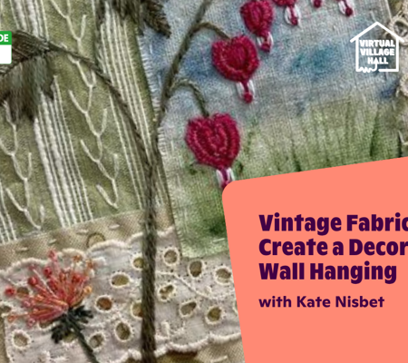 Text reads, "Vintage Fabric Collage - Create A Decorative Wall Hanging with Kate Nisbet" over the main image at the top of this page.