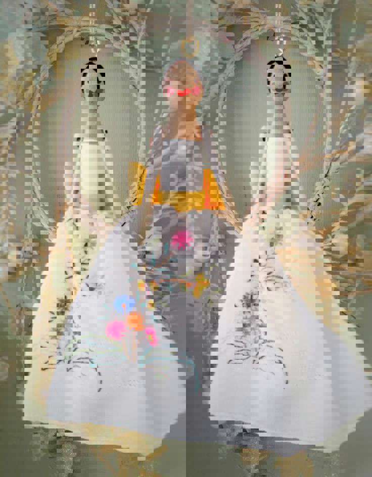 Main image: a peg doll, in a beautiful white vintage fabric dress with embroidered flowers. 