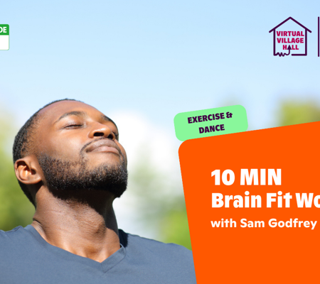 Text reads, "Mindspace Week - 10 MIN Brain Fit Workout with Sam Godfrey" over an image of a man with his eyes closed taking a deep breath outside.