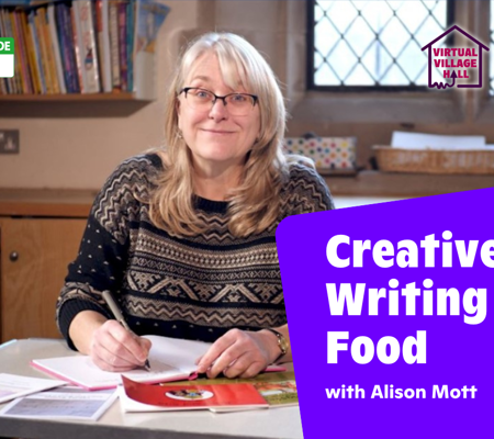 Text reads, "Creative writing 2: Food with Alison Mott" Over a photo of Alison sat smiling, writing a book.