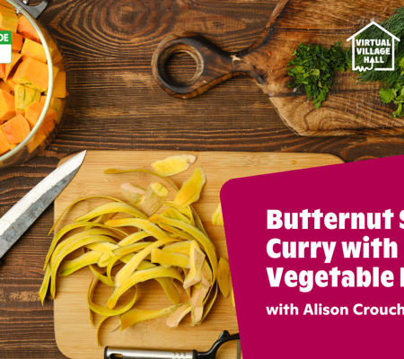 Text reads, "Butternut Squash Curry With Vegetable Biryani with Alison Crouch " over the main image at the top of this page.