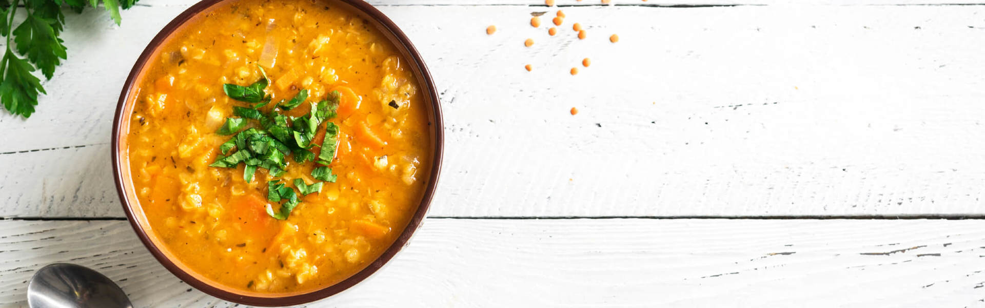 a bowl of vegan soup topped with a coriander with lentils next to it