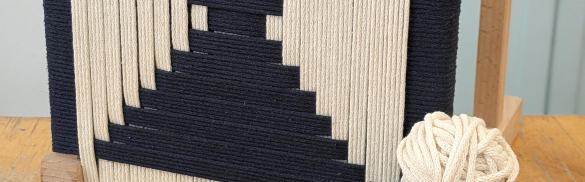 Main image: a homemade modern weaved stool, in a black and white geometric pattern.
