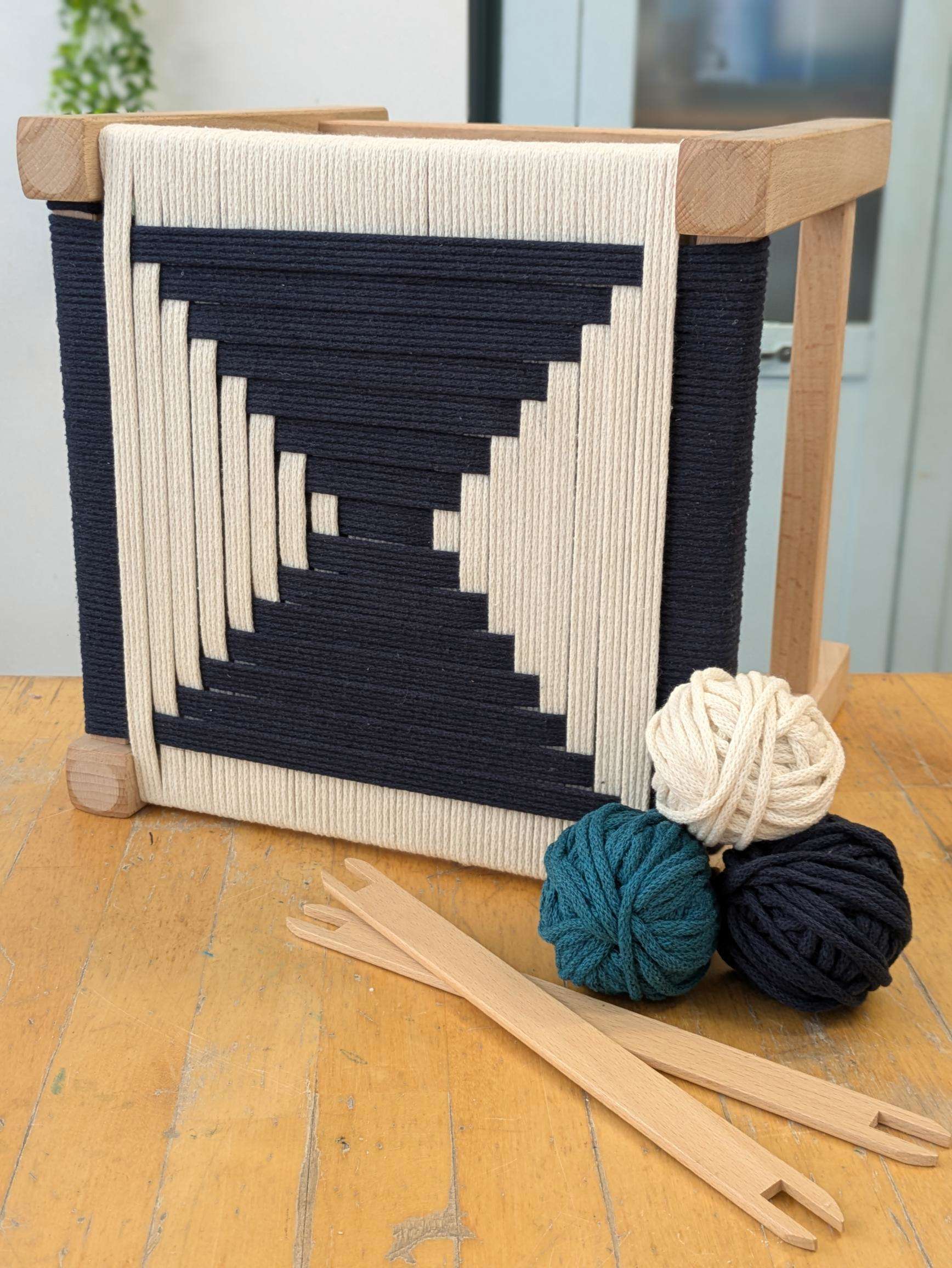 Main image: a homemade modern weaved stool, in a black and white geometric pattern.