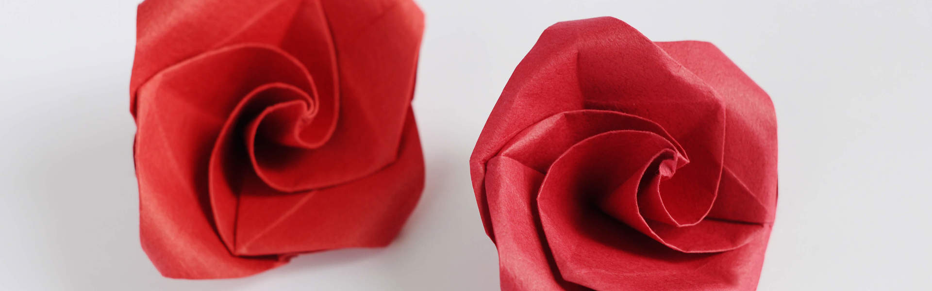 two hand made red paper roses on a white background