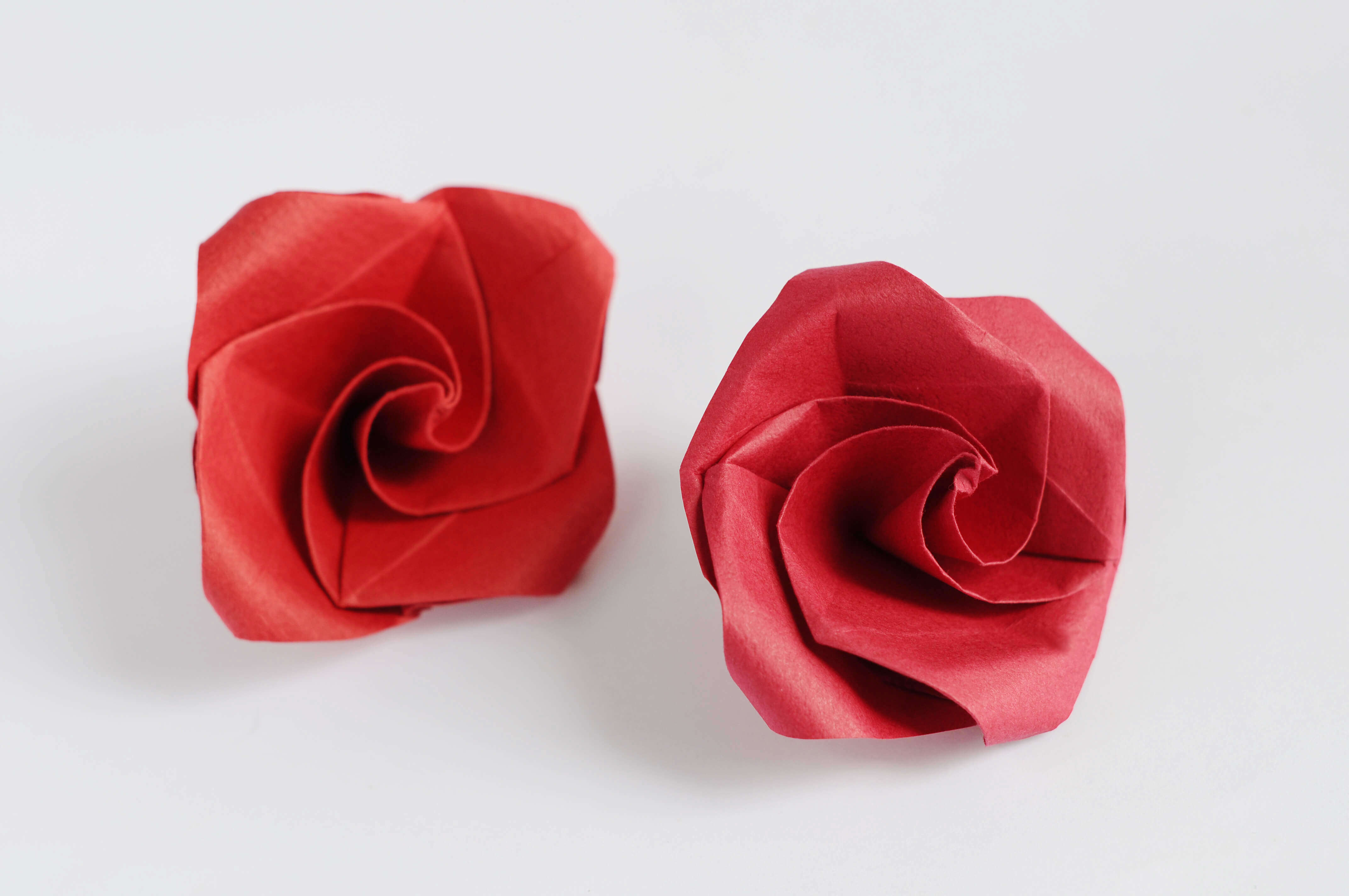 two hand made red paper roses on a white background