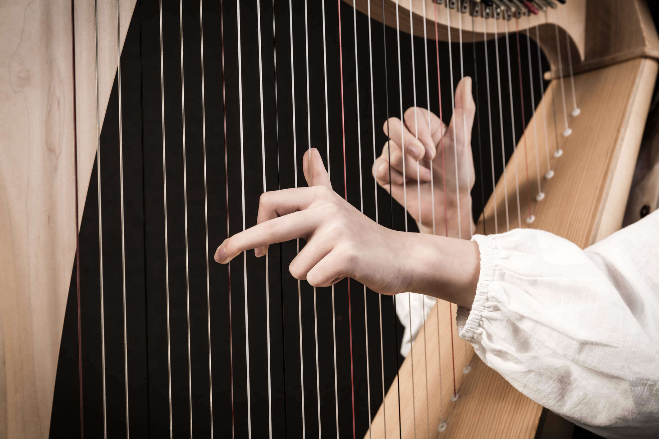 a close up of someone playing the harp