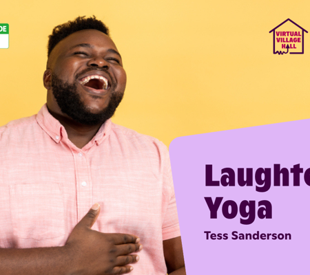Text reads, "Laughter Yoga with Tess Sanderson" over an image of a man laughing on a yellow background.