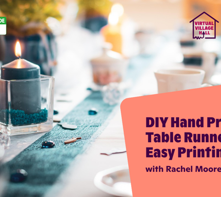 Text reads, "DIY Hand Printed Table Runner: Easy Printing Craft with Rachel Moore" over the main image at the top of this page.