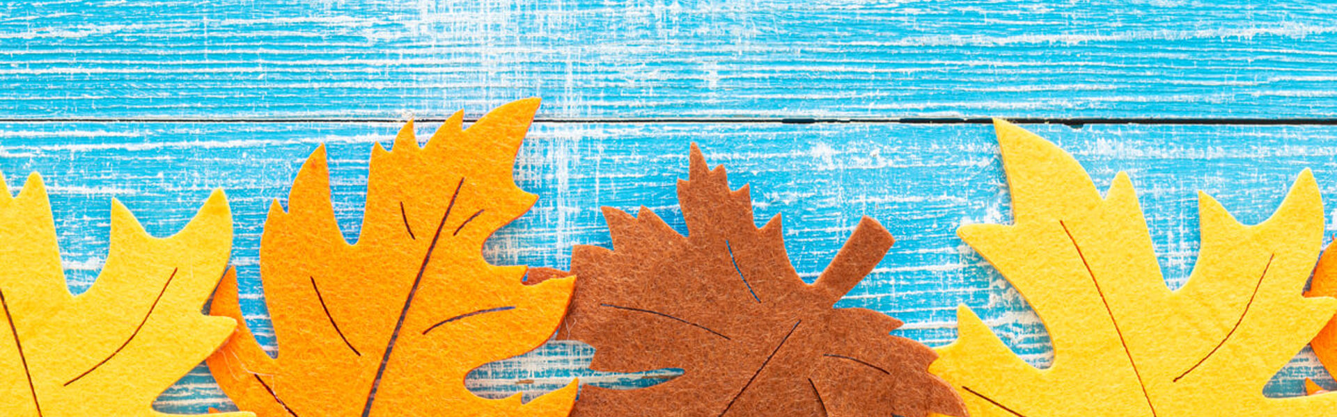 felt autumnal leaves on a blue wooden background