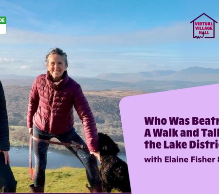 Text reads, "Who was Beatrix Potter? A Walk and Talk in the Lake District with Elaine Fisher & Jo Andrews" over the main image at the top of this page.