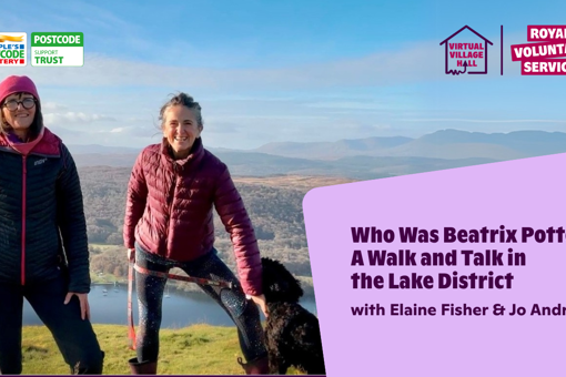 Text reads, "Who was Beatrix Potter? A Walk and Talk in the Lake District with Elaine Fisher & Jo Andrews" over the main image at the top of this page.