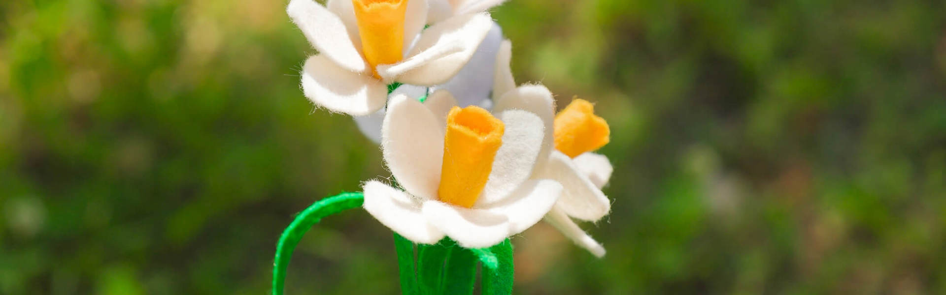 a bunch of felt daffodils on a green leaf background