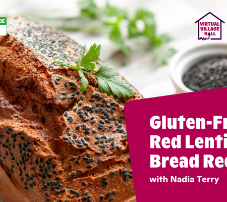 Text reads, "Gluten-Free Red Lentil Bread Recipe with Nadia Terry" over the main image at the top of this page.