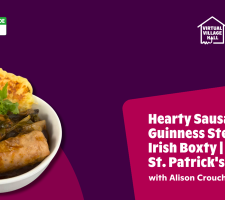 Text reads, "Hearty Sausage And Guinness Stew With Irish Boxty For St. Patrick's Day with Alison Crouch" over the main image at the top of this page