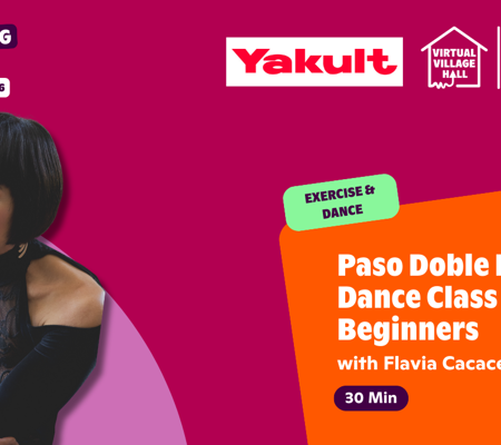 Text reads, "Paso Doble Inspired Dance Class For Beginners with Flavia Cacace - Get Moving Week" with a headshot image of former Strictly professional Flavia Cacace.