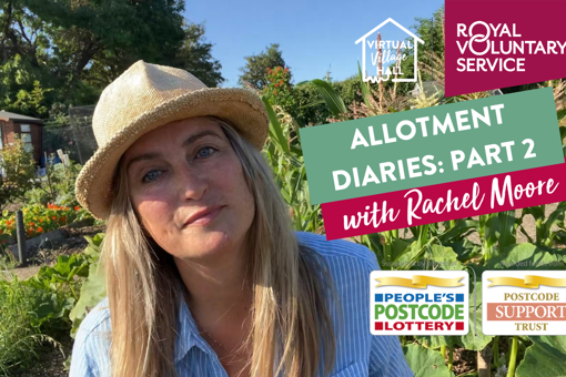 landscape photo of rachel moore wearing a hat in front of her allotment on a bright sunny day