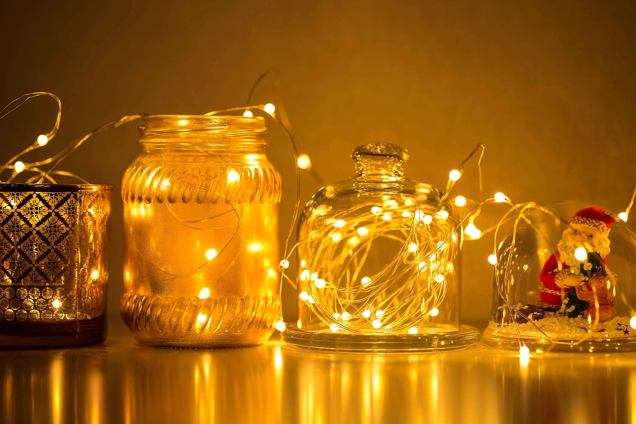 recycled glass jars filled with wire fairy lights