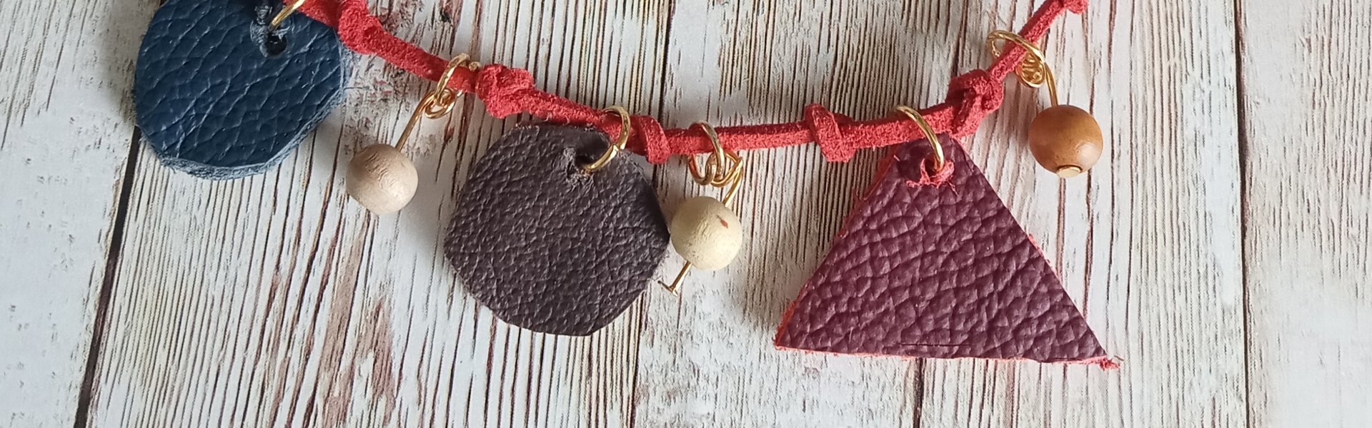 Main Image: a close up of a leather and bead necklace made by Kate Nisbet