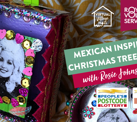 Mexican Inspired Christmas Tree Gifts using a variety of colours and materials displaying two black and white images of famous Mexican females in history against a gold and white fabric background